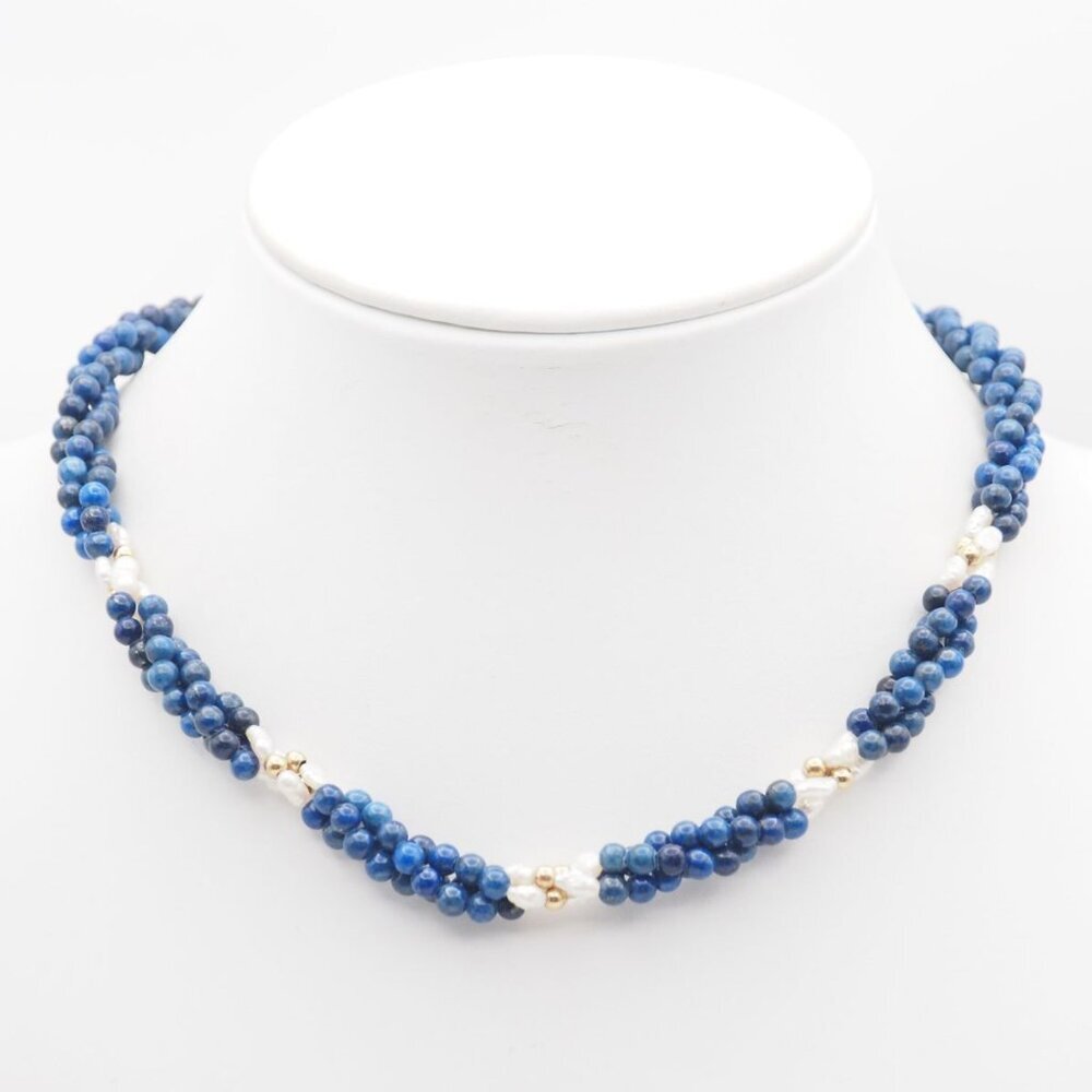 Lapis Lazuli Freshwater Pearl Necklace, 3-strand, Gold Design, GSILVER Stamped, - Picture 2 of 7